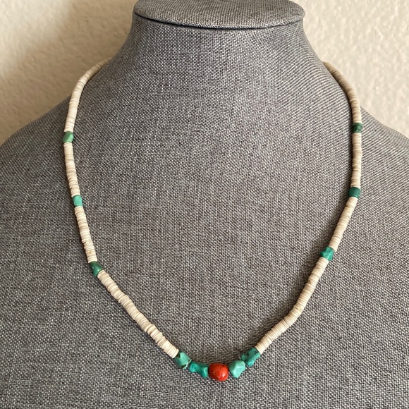 Vintage Native American Turquoise Coral Pooka Shells Sterling Silver Closure - Picture 1 of 7